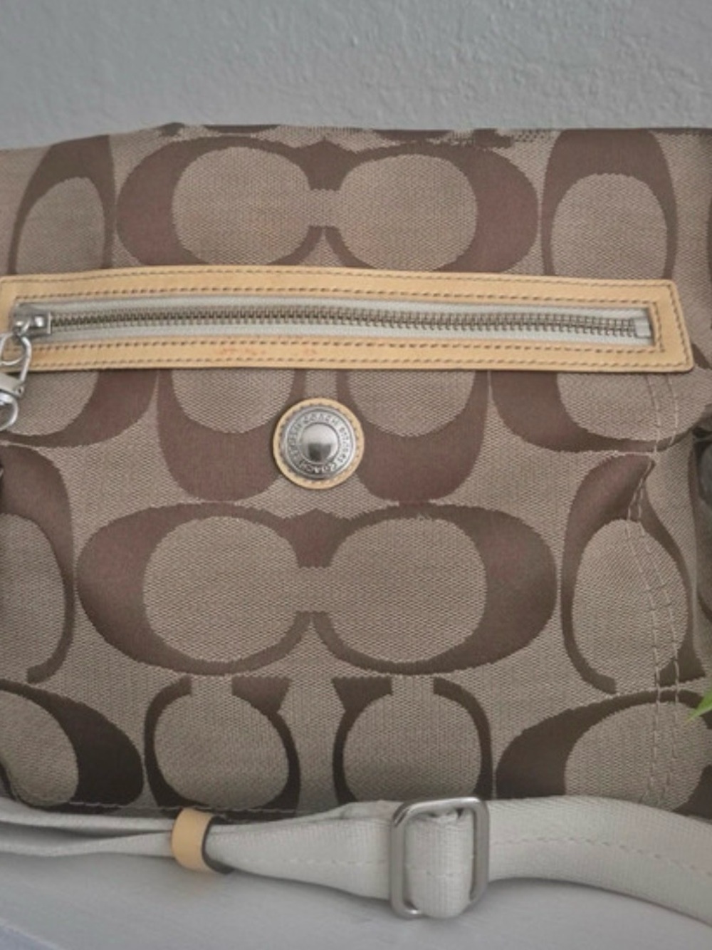 Coach Signature Canvas Crossbody in Brown, Cream and Tan Trim